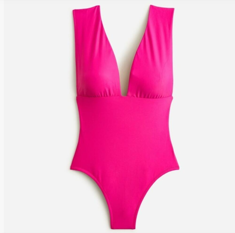 New J. Crew V-Neck Plunge One Piece Pink Swimsuit Women's Size 16